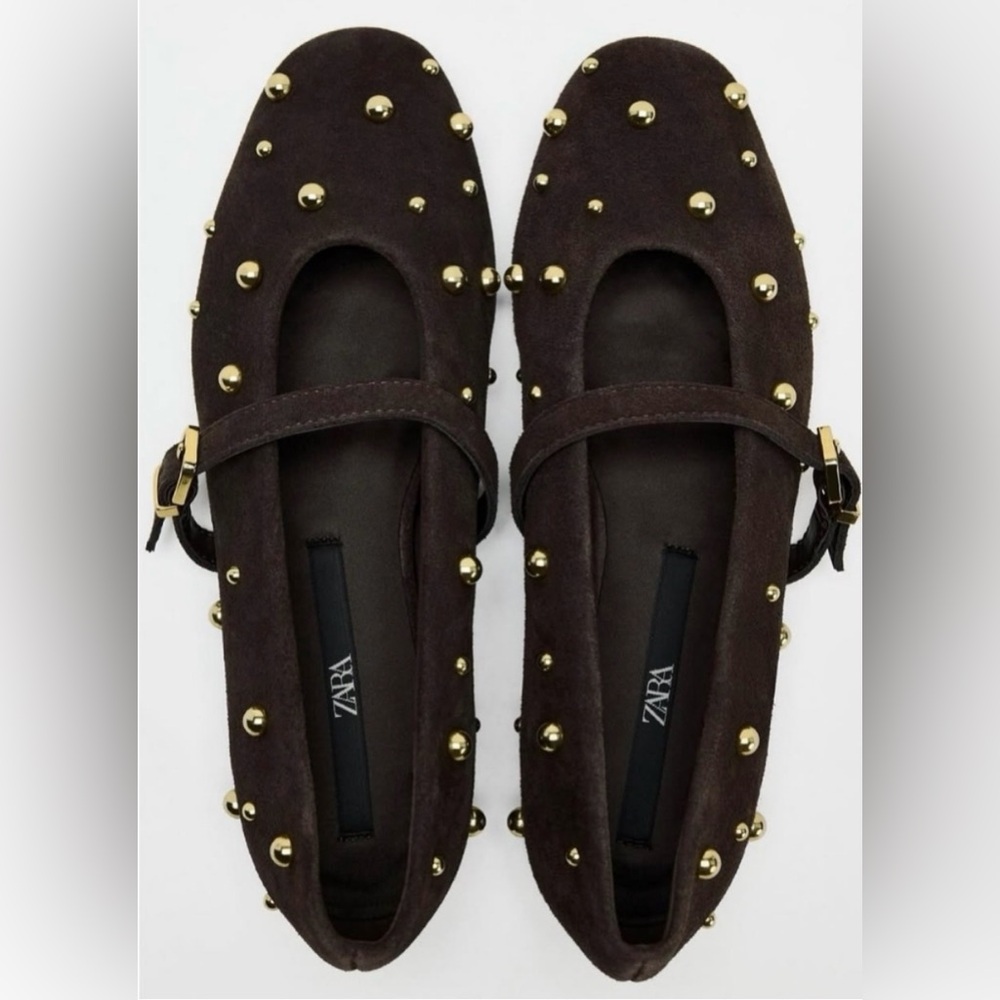 Zara Brown suede gold stud studded Mary Jane flats. Excellent condition! - Picture 7 of 8